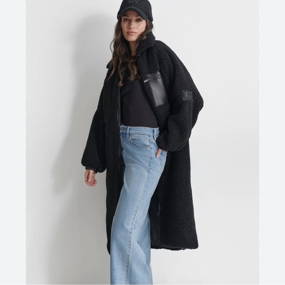 New without tags DKNY jeans black long line Sherpa coat - Picture 1 of 5